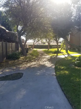 a view of a yard with yellow lighting