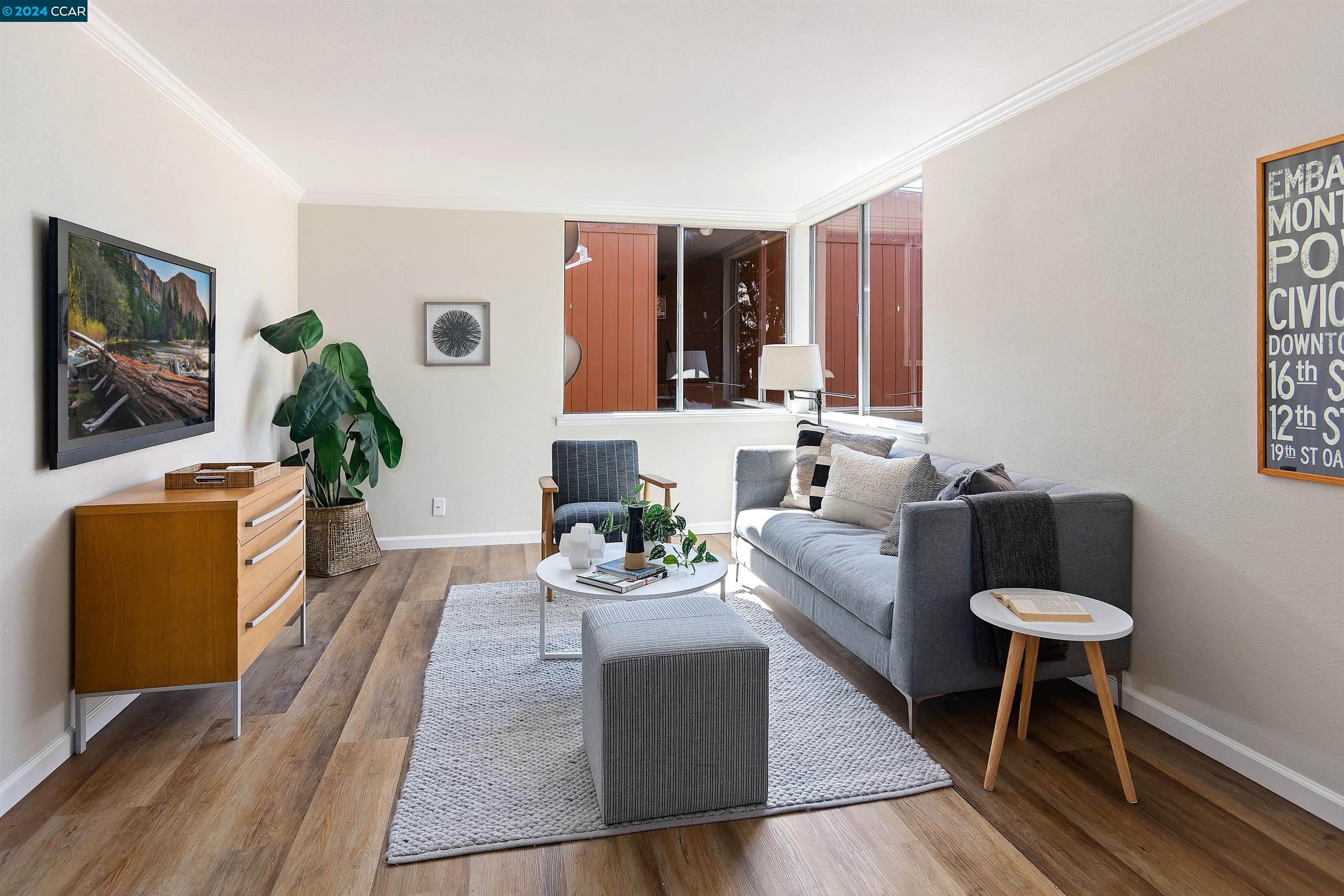 a living room with furniture and a potted plant