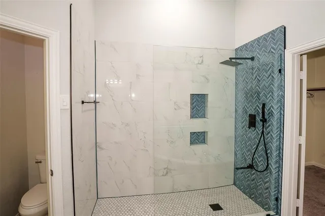 a bathroom with a shower and toilet