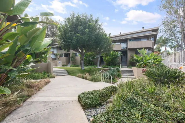 a view of a chair and table in the garden