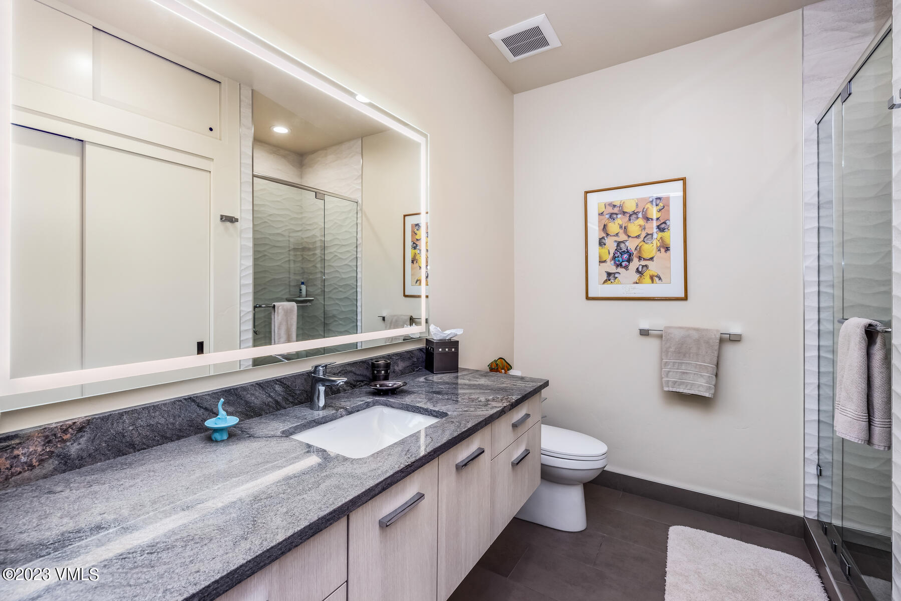81 Elk Run Edwards, CO 81632 - Photo 46 of 62 a bathroom with a granite countertop sink a mirror a toilet and a shower