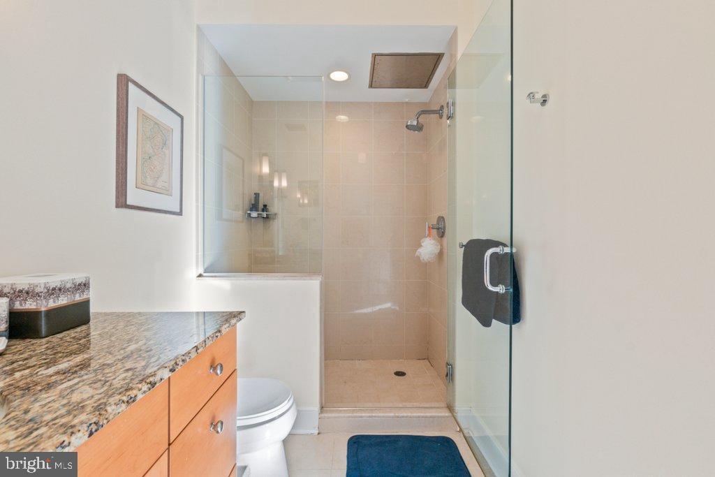 675 President Street, Unit 1404 Baltimore, MD 21202 - Photo 15 of 31 a bathroom with a granite countertop sink a toilet and shower