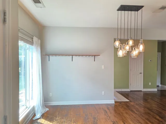 a view of a chandelier in a room