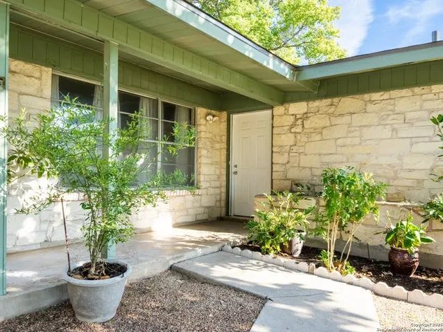 a view of a house with potted plants