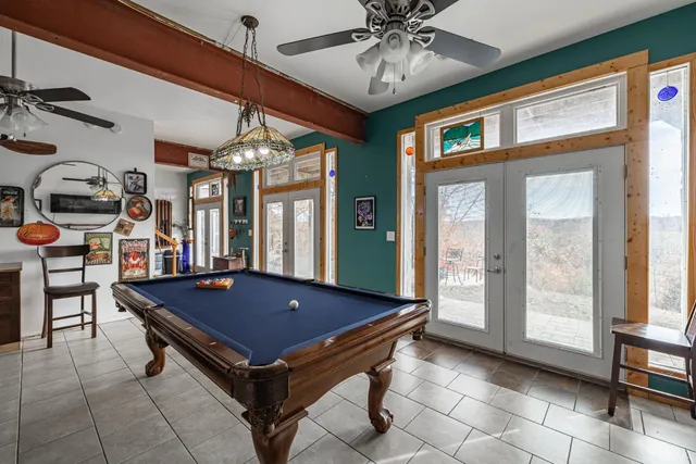 a view of a yard with plants and trees