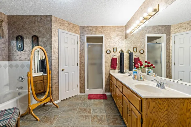 a bathroom with a sink a mirror and a shower