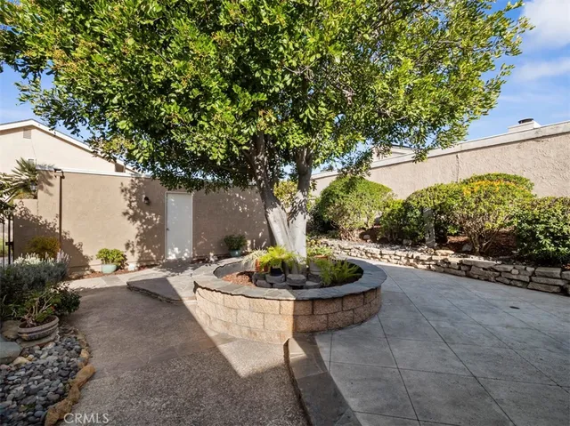 a backyard of a house with a fountain and plants