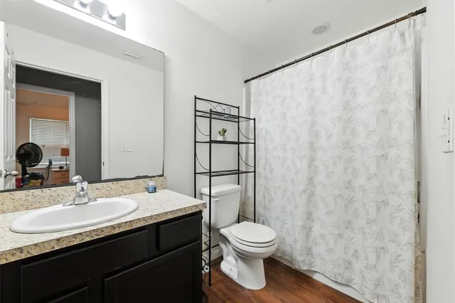 a bathroom with a sink a toilet and shower curtain