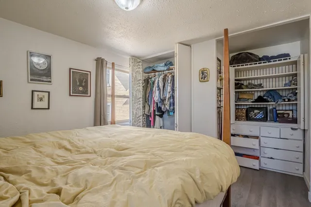 a bedroom with a bed and a closet