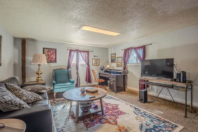 a living room with furniture a flat screen tv and a rug