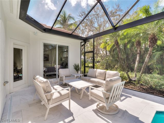 a view of a yard with plants and trees