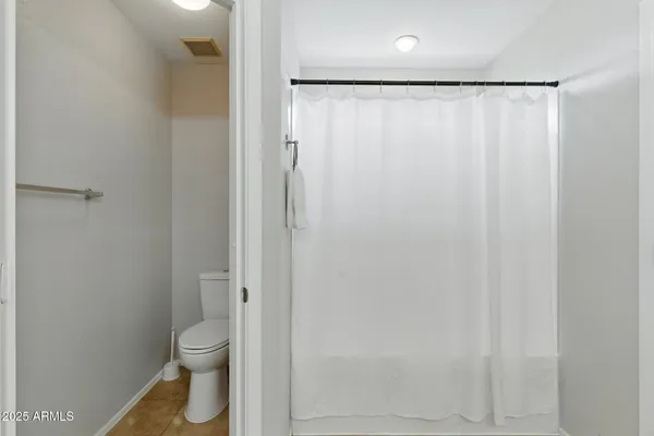 a bathroom with a shower and a toilet