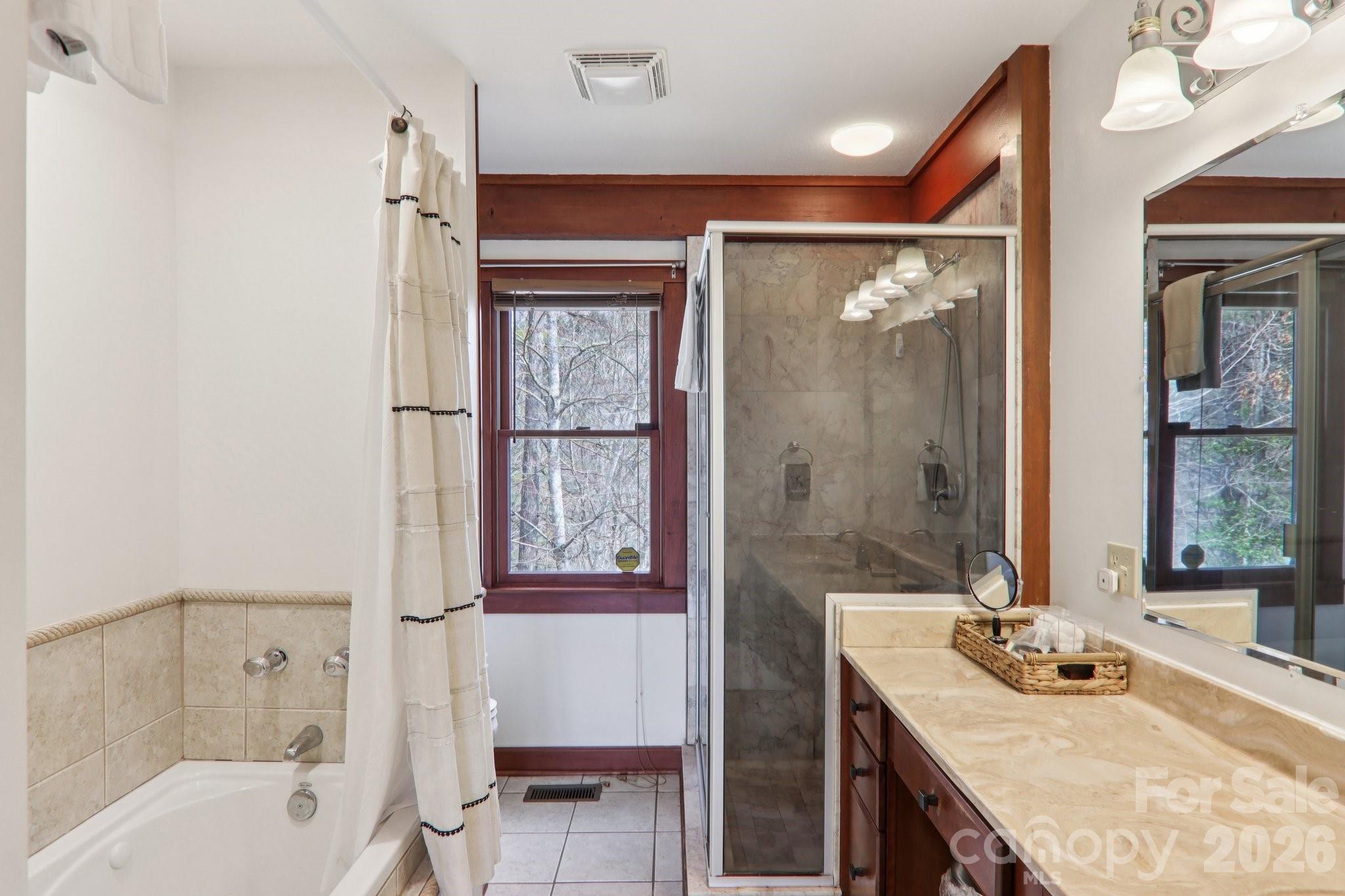 28 Nantahala Ridge Bryson City, NC 28713 - Photo 27 of 47 a bathroom with a granite countertop sink a toilet and shower