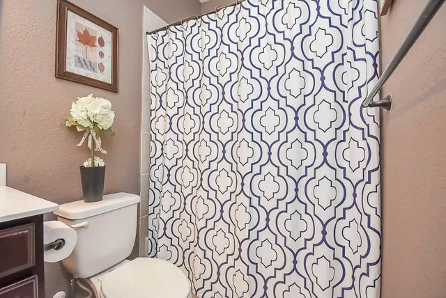 a white toilet sitting next to a shower curtain