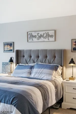 a bedroom with a bed and closet