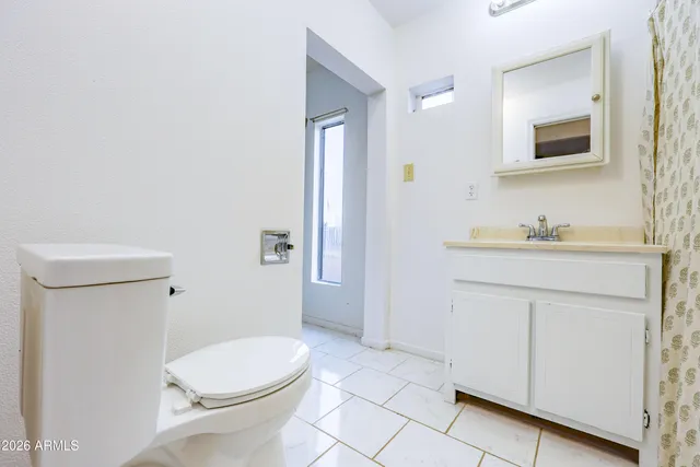 a bathroom with a sink a toilet and shower curtain