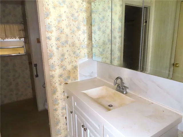 a bathroom with a sink and a mirror