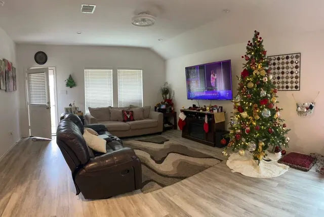 a living room with furniture and a potted plant