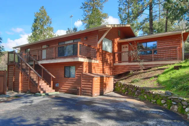 a view of a lush green forest with lots of trees