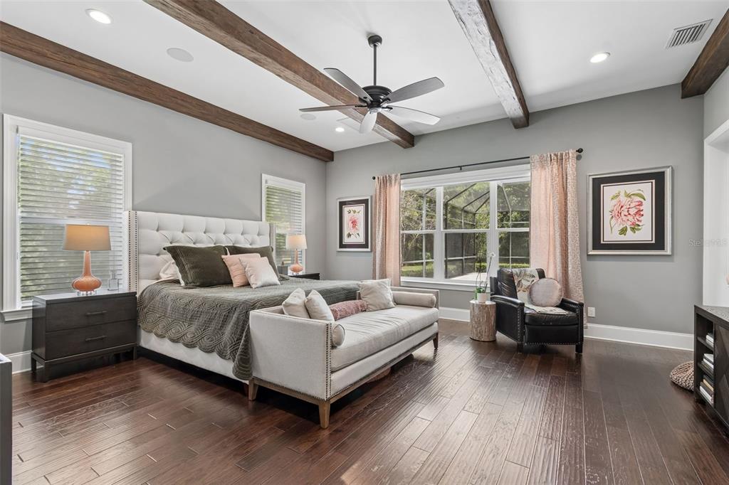 17001 Midas Lane Lutz, FL 33549 - Photo 33 of 100 a spacious bedroom with a bed a couch and a chandelier