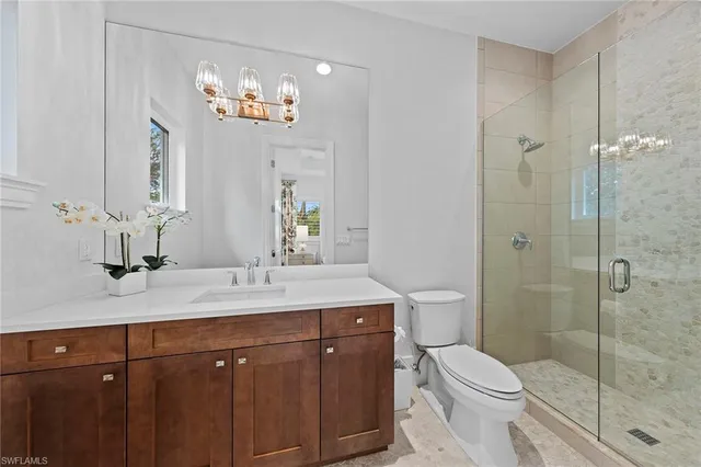a bathroom with a sink a toilet a large mirror and shower