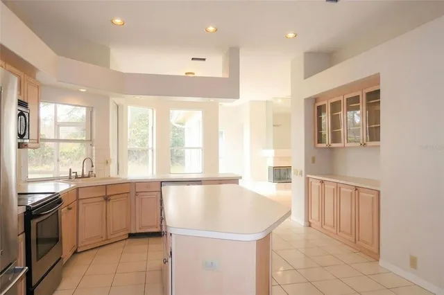a large kitchen with kitchen island a sink a counter space appliances and cabinets
