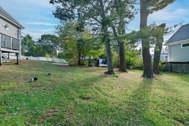 a backyard of a house with swimming pool and trees