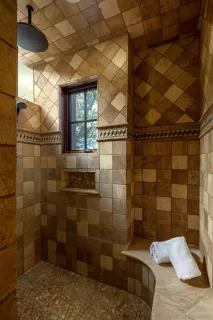 a bathroom with a sink and a shower