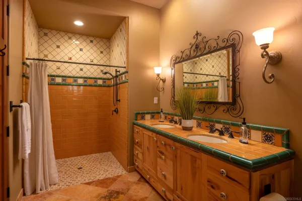 a bathroom with a double vanity sink mirror and shower