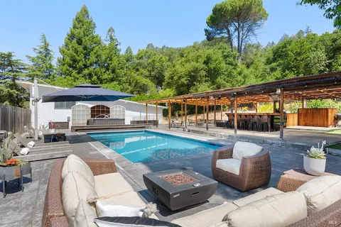 a view of a patio with couches table and chairs with potted plants and big yard