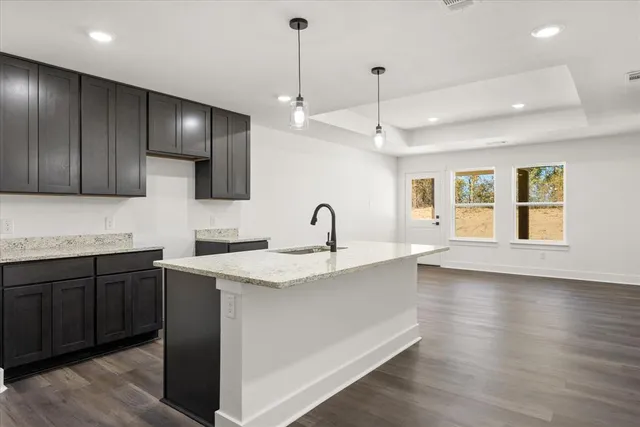 a kitchen with stainless steel appliances granite countertop a sink a stove and a wooden floors