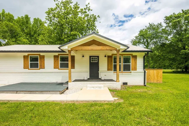 a front view of a house with yard and green space