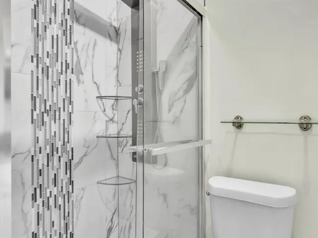 a bathroom with a toilet and a shower