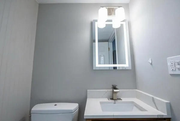 a bathroom with a sink a toilet and mirror