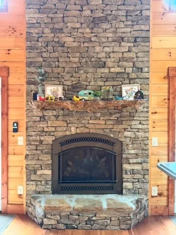 a stone fireplace
