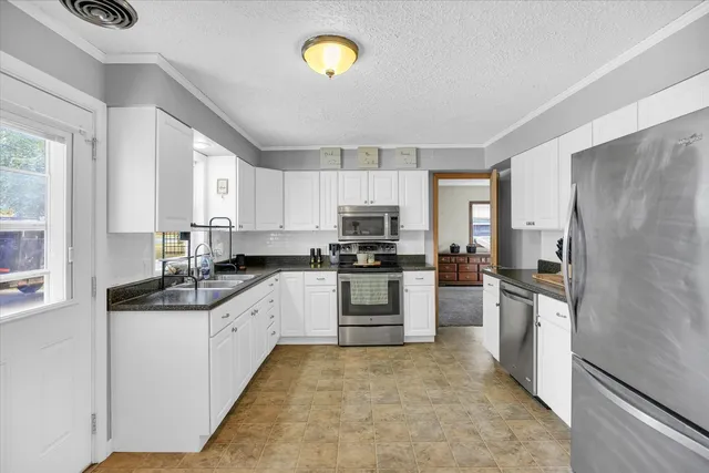 a kitchen with a sink a refrigerator a microwave and cabinets