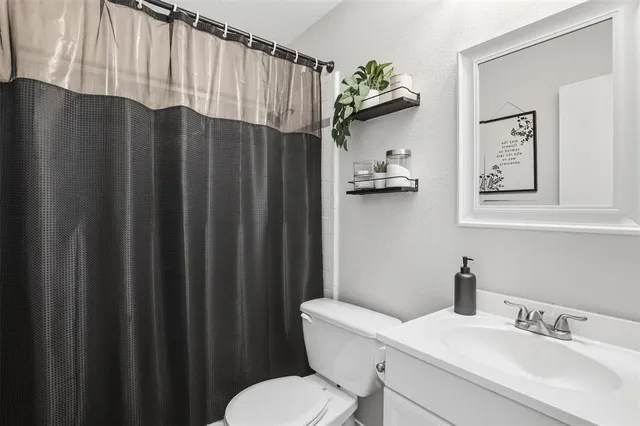 a bathroom with a sink a toilet and shower curtain