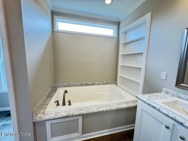 a bathroom with a granite countertop sink and a bathtub