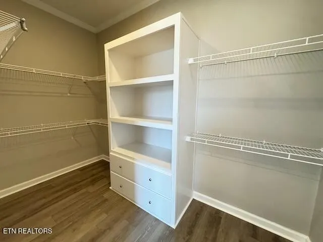 a view of walk in closet with empty racks