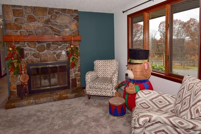 a living room with furniture and a fireplace