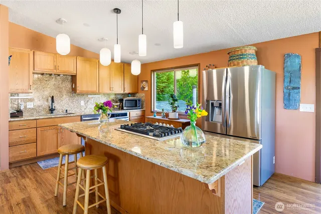 a kitchen with stainless steel appliances granite countertop a sink and a refrigerator