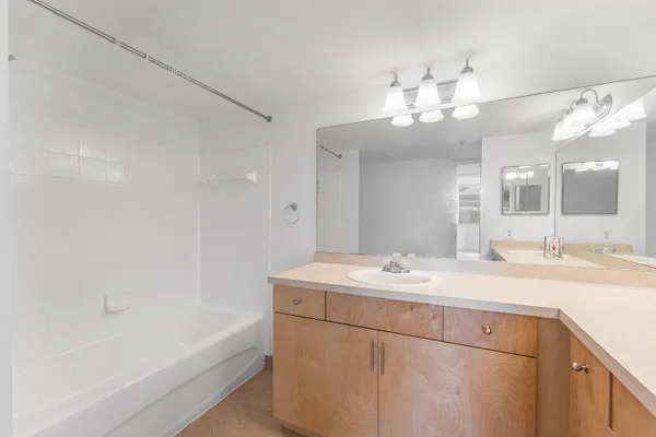 a bathroom with a sink a mirror and a bathtub
