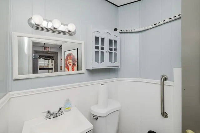 a bathroom with a sink a mirror and a toilet