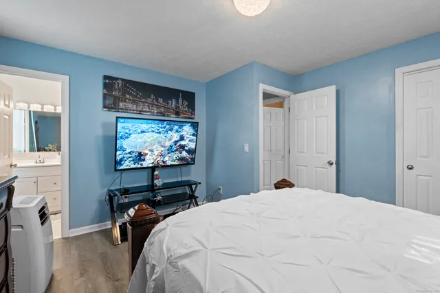 a bedroom with a bed and a closet