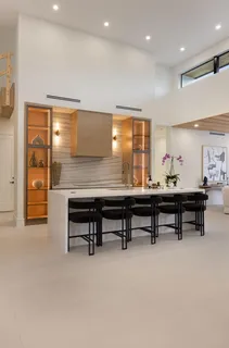 a living room with furniture a couch and a potted plant