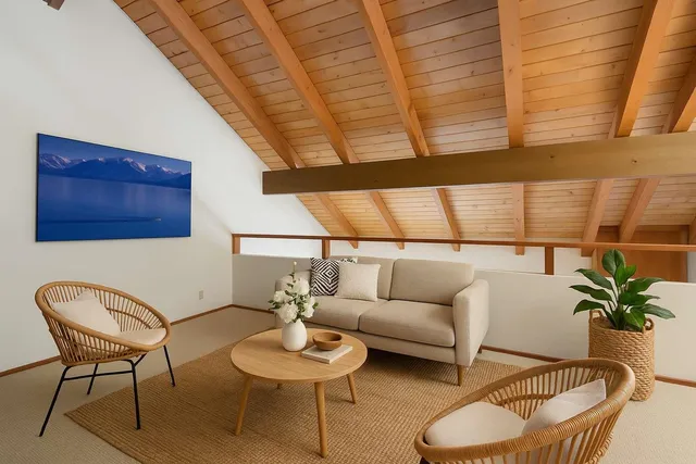 a living room with furniture and a potted plant