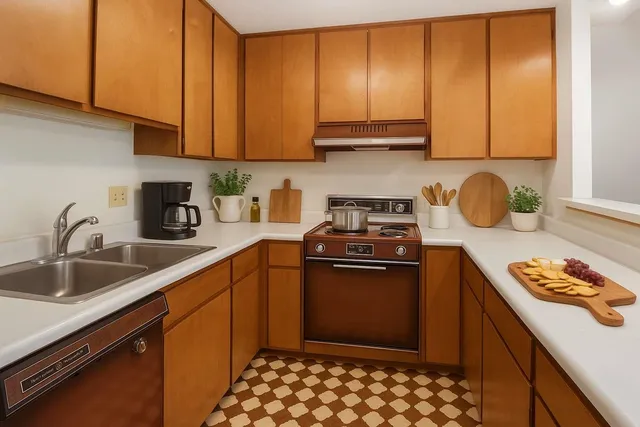 a kitchen with stainless steel appliances granite countertop a sink stove and cabinets