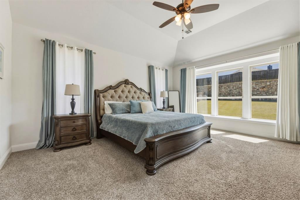 1030 Timber Ridge Drive Justin, TX 76247 - Photo 18 of 40 Bedroom with carpet flooring, vaulted ceiling, and a ceiling fan