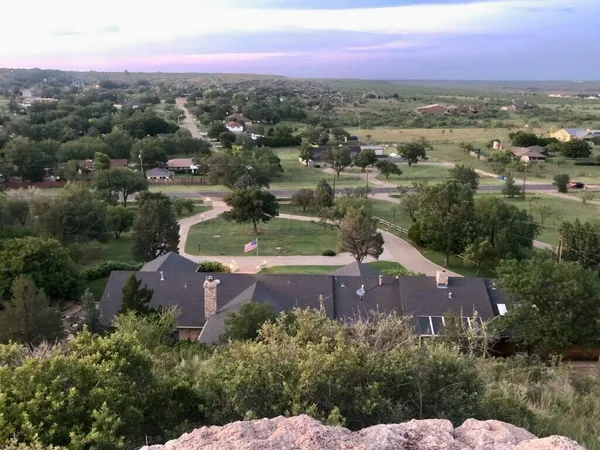 an aerial view of residential houses with outdoor space and trees