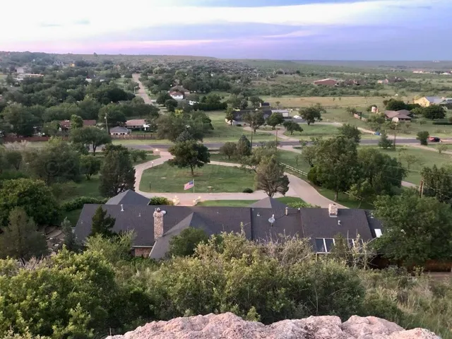 an aerial view of residential houses with outdoor space and trees